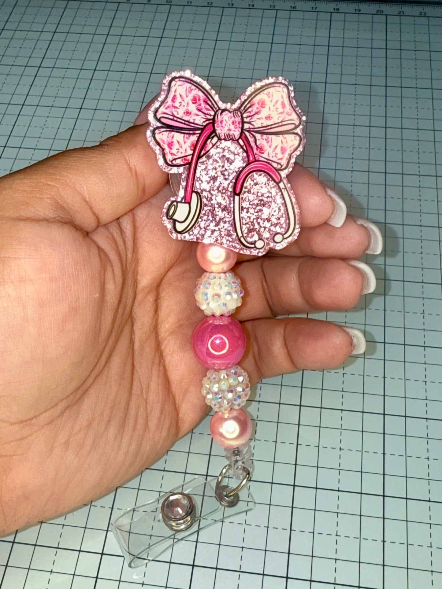 Pink Bow Stethoscope Badge Reel