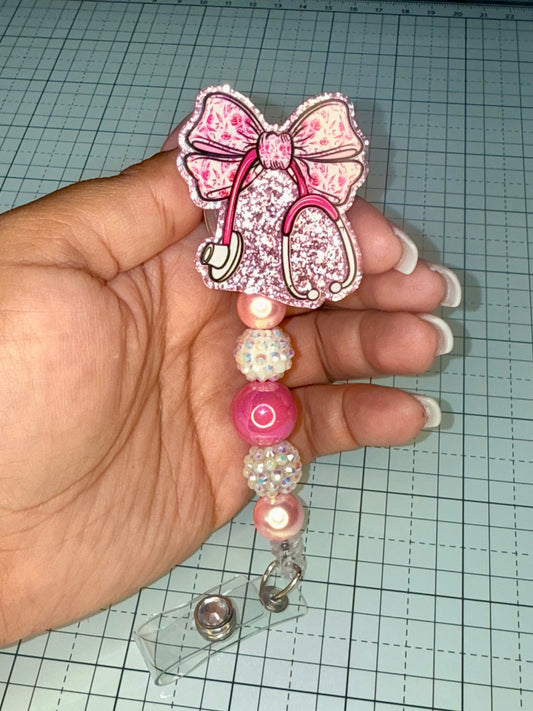 Pink Bow Stethoscope Badge Reel