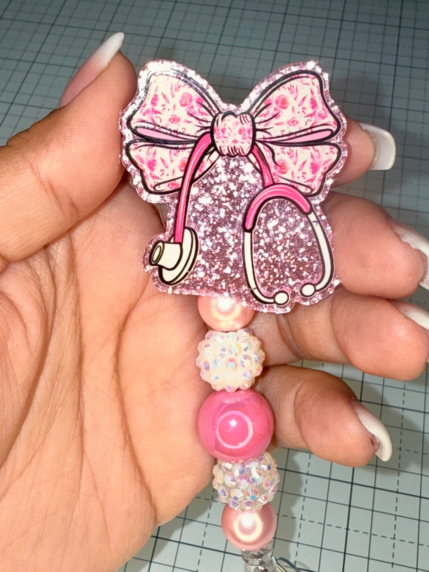 Pink Bow Stethoscope Badge Reel