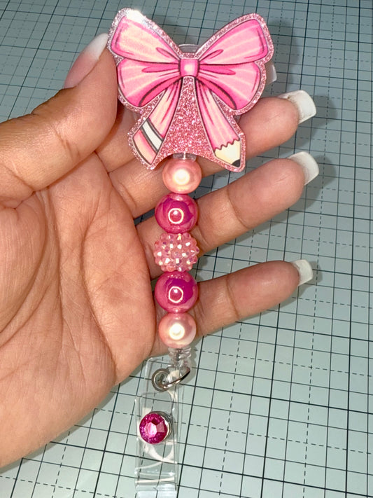 Pink Bow Pencil Badge Reel